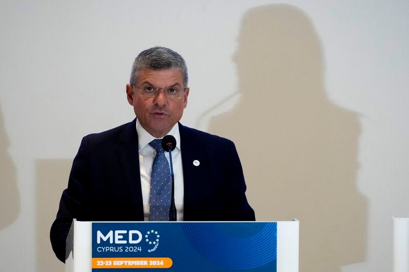 Cypriot Minister of Energy George Papanastasiou talks to the media during a press conference after the MED9 Energy Ministerial Meeting in southern coastal city of Larnaca, Cyprus, Monday, Sept. 23, 2024. (AP Photo/Petros Karadjias)