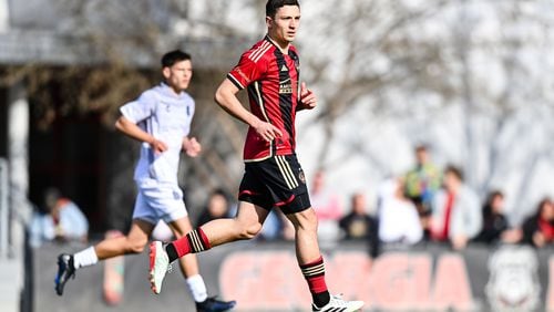 Atlanta United midfielder Bartosz Slisz #6 during the first half of the match against Memphis 901 FC at Turner Sports Complex in Athens, GA on Saturday February 3, 2024. (Photo by Jay Bendlin/Atlanta United)