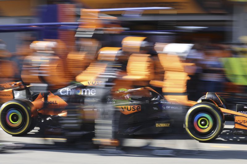 McLaren driver Lando Norris of Britain makes a pit stop during the Formula One Grand Prix in Baku, Azerbaijan, on Sunday, Sept. 15, 2024. (Ali Haideric/Pool via AP)