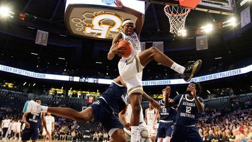 Kowacie Reeves of Georgia Tech pulls down a rebound. (Jamie Spaar for the Atlanta Journal Constitution)