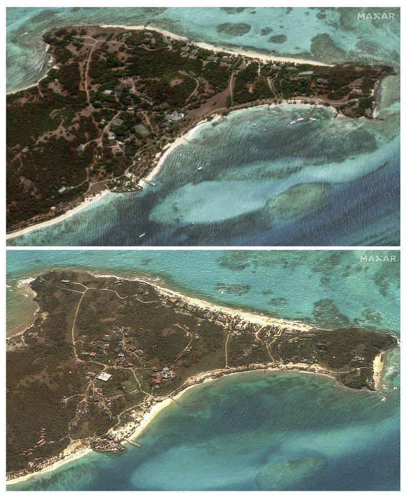 This combination of satellite images provided by MaxarTechnologies shows views of buildings and beaches on St. Vincent and the Grenadines, on May 8, 2023, top, and bottom on July 2, 2024, after Hurricane Beryl made landfall across multiple Caribbean islands. (Satellite image ©2024 Maxar Technologies via AP)
