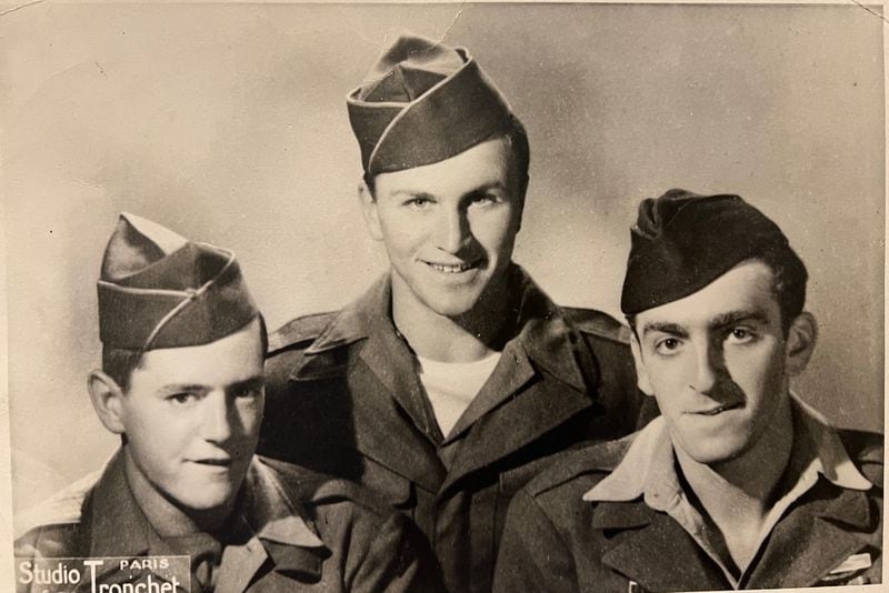 Jim Shalala, right, with his comrades in Paris during World War II. His grandson, Jack Gibson, wonders what went through his grandfather’s mind in combat. Did he believe he would survive? What was it like liberating rural villages across Europe and interacting with the newly freed civilians? What did he do to pass the time between his harrowing missions?