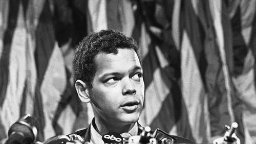 Leaders of two factions trying represent Georgia at the Democratic National Convention conduct separate press conference, August 24, 1968 in the same Chicago hotel to give their versions of the dispute. Julian Bond, Georgia state legislator whose delegation is challenging the one led by Gov. Lest G. Maddox. (AP Photo)