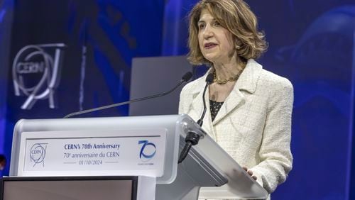 Fabiola Gianotti, Director General of the European Organization for Nuclear Research (CERN), addresses her statement on occasion of the celebration of CERN's 70th anniversary, at the European Organization for Nuclear Research (CERN), in Meyrin near Geneva, Switzerland, Tuesday, Oct. 1, 2024. (Salvatore Di Nolfi/Keystone via AP)