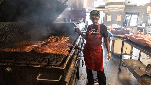Angie Harris, pitmaster at Rodney Scott’s Whole Hog BBQ in Atlanta, has worked at several barbecue spots since moving into the restaurant business in 2011. Courtesy of Angie Mosier