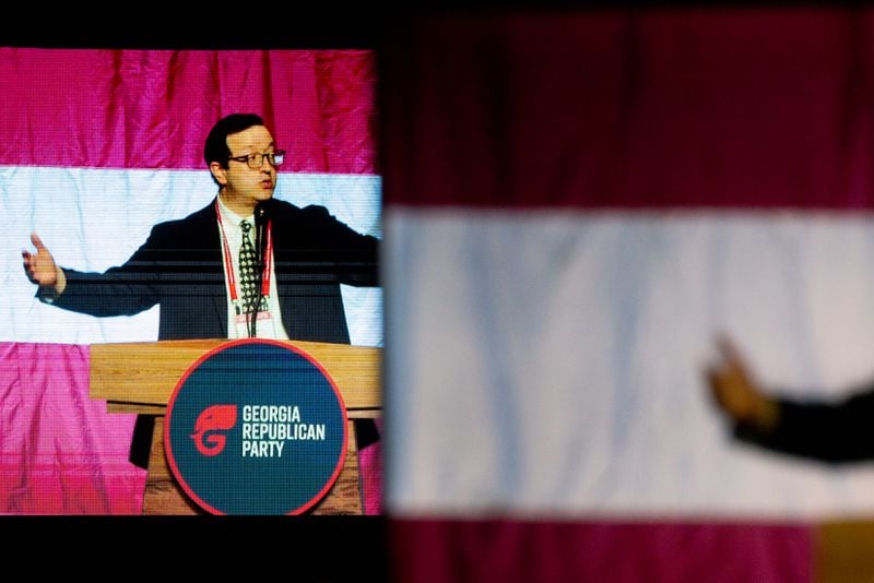 Georgia’s Republican Party chairman Joshua McKoon speaks at the Georgia GOP Convention at the Columbus Convention & Trade Center in Columbus on Friday, May 17, 2024. (Arvin Temkar / AJC)