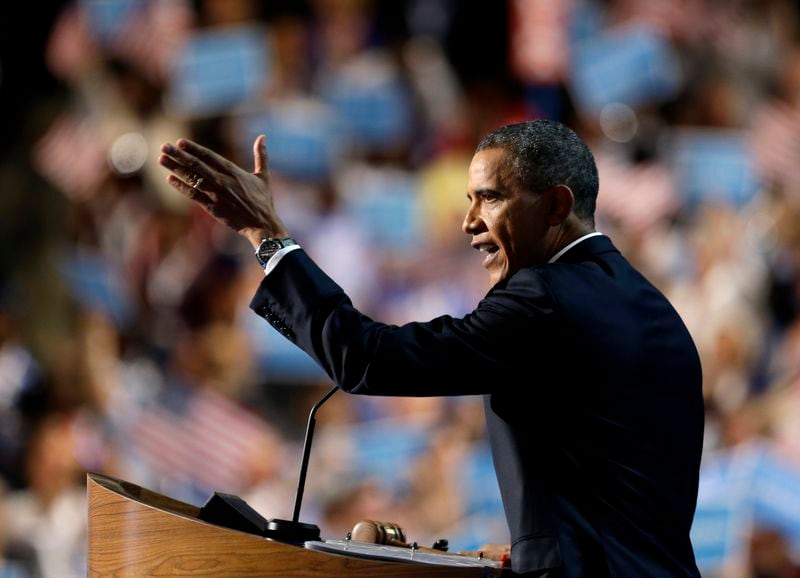 FILE - President Barack Obama addresses the Democratic National Convention in Charlotte, N.C., Sept. 6, 2012. (AP Photo/David Goldman, File)