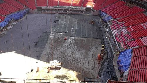 A view of the Mercedes-Benz Stadium field on Monday, via the stadium’s live web cam. (mercedesbenzstadium.com/EarthCam)