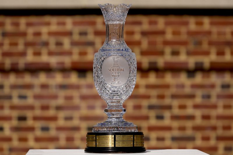 The Solheim Cup is shown during team portraits prior to the start of the Solheim Cup golf tournament at the Robert Trent Jones Golf Club, Tuesday, Sept. 10, 2024, in Gainesville, VA. (AP Photo/Matt York)