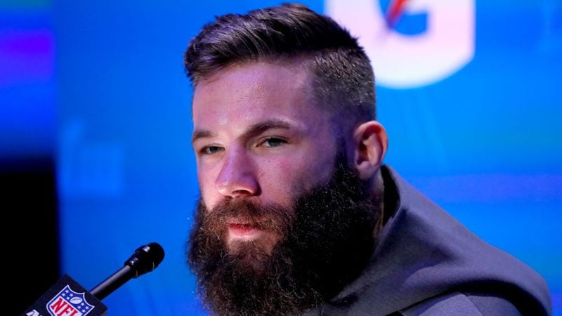 Julian Edelman #11 of the New England Patriots talks to the media during Super Bowl LIII Opening Night at State Farm Arena on January 28, 2019 in Atlanta, Georgia.