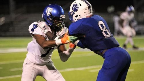 Georgia Tech signee Miles Brooks (left) was rated a top-300 prospect in the country (247Sports Composite) in the 2020 class. Brooks played for Trinity Christian Academy of Jacksonville, Fla., and in this photo happened to be tangled with fellow Tech signee Avery Boyd, a wide receiver at Godby High in Tallahassee, Fla. (Tallahassee Democrat)