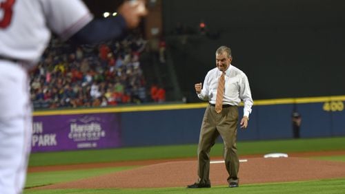 Braves president John Schuerholz, shown here after throwing the ceremonial first pitch at the team’s home opener on April 10, says team consultants have met with Palm Beach County and several other counties in Florida about a new spring-training home. HYOSUB SHIN / HSHIN@AJC.COM