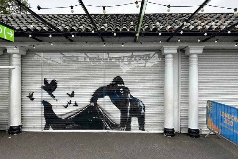 A mural by the elusive street artist Banksy is seen at the entrance to the London Zoo, Wednesday, Aug. 14, 2024. (AP Photo/Brian Melley)