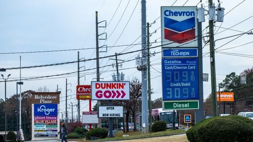 Gas prices will change significantly at midnight on Wednesday.  Current prices in the Belvedere Park are shown on Thursday, Nov 30, 2023.  Gov. Brian Kemp’s rollback of the state taxes of 31.2 cents per gallon of gasoline and 35 cents per gallon of diesel ends at 11:59 p.m. Wednesday.  (Jenni Girtman for The Atlanta Journal-Constitution)