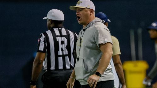 Georgia Tech coach Brent Key yells directions during the second day of football practice at the Brock Indoor Practice Facility on Thursday, July 25, 2024, in Atlanta.
(Miguel Martinez / AJC)