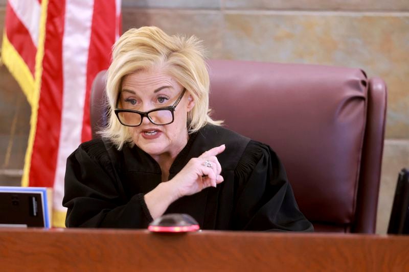 District Judge Michelle Leavitt speaks during a hearing for a juror question during deliberations for murder trial for Robert Telles, a former Clark County public administrator charged in the murder of Las Vegas Review-Journal investigative journalist Jeff German, at the Regional Justice Center in Las Vegas, Monday, Aug. 26, 2024. (K.M. Cannon/Las Vegas Review-Journal via AP, Pool)