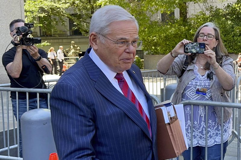U.S. Sen. Bob Menendez, D-N.J., leaves federal court following the day's proceedings in his bribery trial, Friday, June 28, 2024, in New York. Prosecutors rested on Friday after presenting evidence for seven weeks at the bribery trial of Menendez, enabling the Democrat and two New Jersey businessmen to begin calling their own witnesses next week to support defense claims that no crimes were committed and no bribes were paid. (AP Photo/Larry Neumeister)
