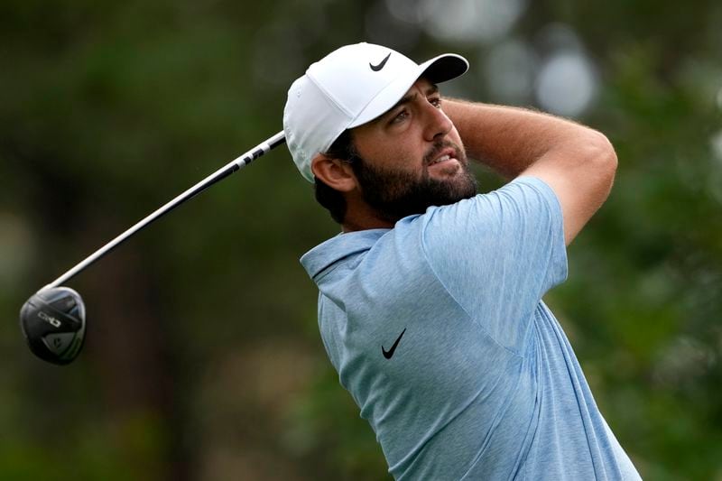 Scottie Scheffler hits from the second tee during the first round of the BMW Championship golf event at Castle Pines Golf Club, Thursday, Aug. 22, 2024, in Castle Rock, Colo. (AP Photo/Matt York)