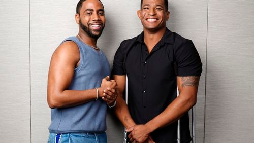 Jharrel Jerome, left, the star of "Unstoppable," and the film's subject Anthony Robles pose together during the Toronto International Film Festival, Friday, Sept. 6, 2024, in Toronto. (AP Photo/Chris Pizzello)