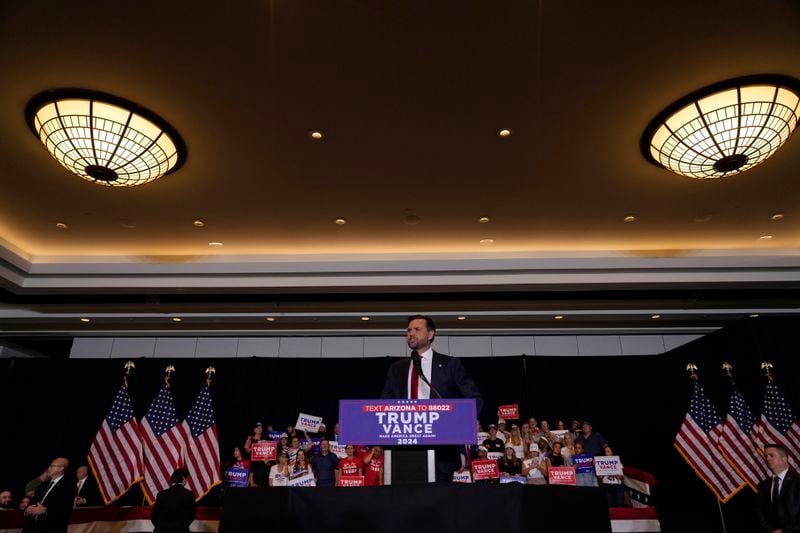 Republican vice presidential nominee Sen. JD Vance, R-Ohio, speaks at a campaign event, Thursday, Sept. 5, 2024, in Phoenix. (AP Photo/Matt York)