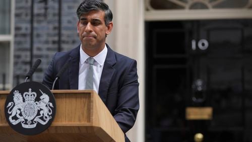 FILE - Britain's outgoing Conservative Party Prime Minister Rishi Sunak looks down as he makes a short speech outside 10 Downing Street before going to see King Charles III to tender his resignation in London, on July 5, 2024. (AP Photo/Kin Cheung, File)