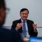 Emory Healthcare CEO Dr. Joon Lee speaks at the AJC's June 12 editorial board meeting, where he revealed the hospital system started allocating money for pay increases back in March. Photo by Ziyu Julian Zhu / AJC