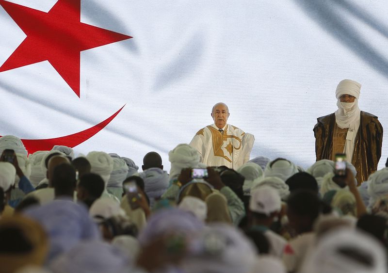 Algerian president and candidate for re-election Abdelmajid Tebboune delivers a speech as part of his campaign for the upcoming presidential election, in Djanet, Algeria, Thursday, Aug. 29, 2024. (AP Photo)