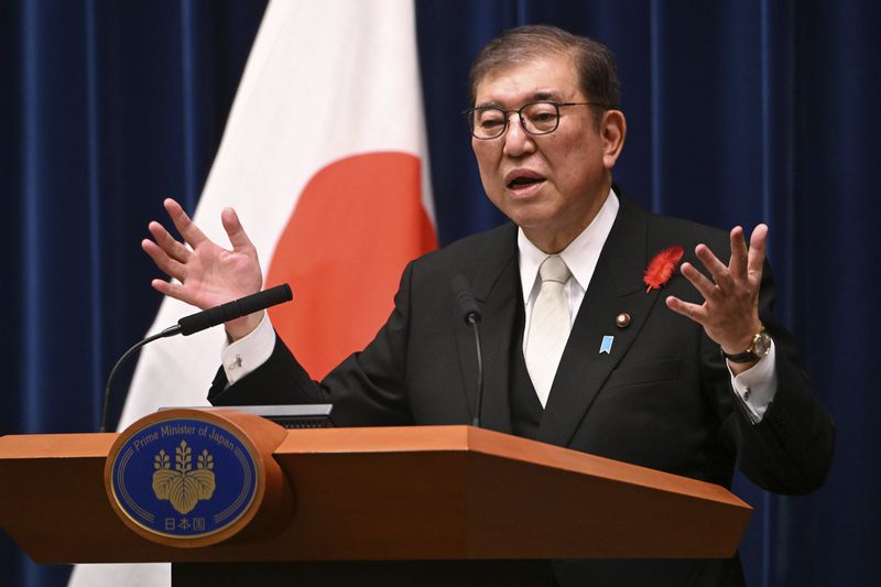 Japan's newly elected Prime Minister Shigeru Ishiba speaks during a press conference at the prime minister's office in Tokyo Tuesday, Oct. 1, 2024. (Yuichi Yamazaki/pool photo via AP)