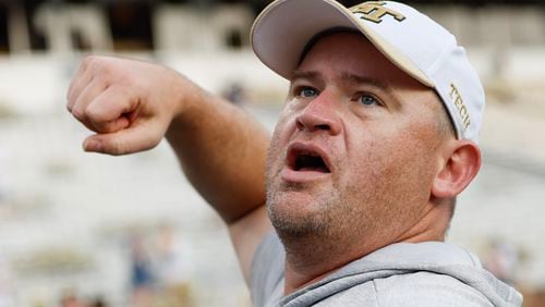 Georgia Tech Yellow Jackets head coach Brent Key celebrates the win after a football game against South Carolina State at Bobby Dodd Stadium in Atlanta on Saturday, September 9, 2023.   (Bob Andres for the Atlanta Journal Constitution)