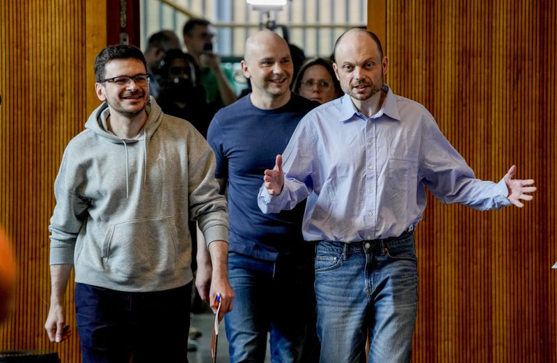 FILE - Freed Russian prisoners Ilya Yashin, Andrei Pivovarov and Vladimir Kara-Murza, from left, enter a news conference in Bonn, Germany, on Aug. 2, 2024, a day after they were released as part of an East-West prisoner swap. (AP Photo/Michael Probst, File)