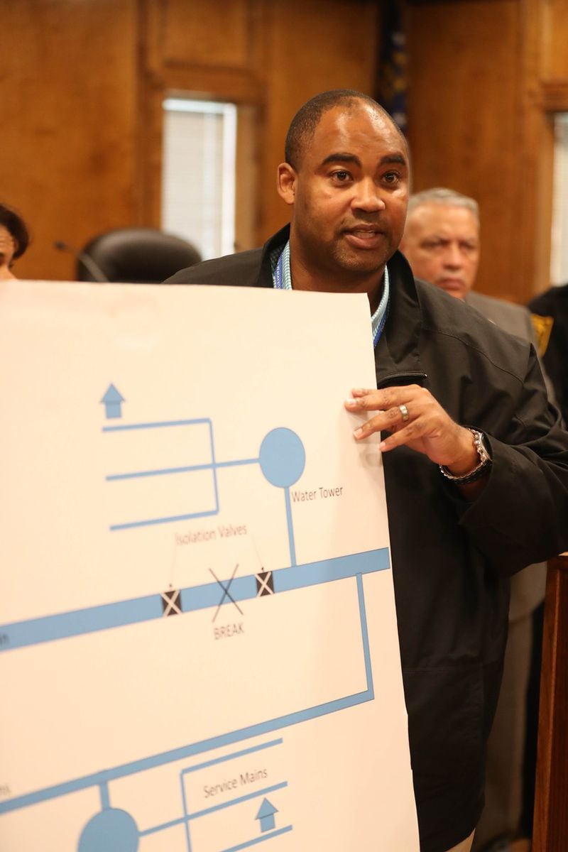 Reginald Wells, interim director of the DeKalb County Department of Watershed Management, uses a large diagram to discuss the water main break on Buford Highway at the Doraville City Council Chambers Wednesday, March 7, 2018, in Doraville, Ga. PHOTO / JASON GETZ
