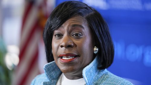 FILE - Philadelphia Mayor Cherelle Parker speaks at at Philadelphia International Airport in Philadelphia, Feb. 16, 2024. (AP Photo/Matt Rourke, File)