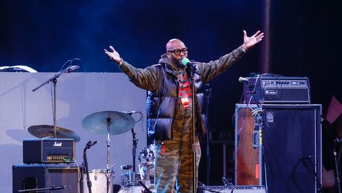 Ryan Cameron hosts the New Year's Eve Peach Drop celebration at Underground Atlanta on Dec. 31, 2022, in Atlanta. (Natrice Miller/The Atlanta Journal-Constitution/TNS)