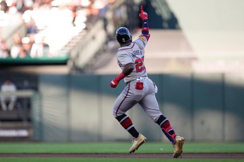 Atlanta Braves' Michael Harris II runs the bases after hitting a grand slam against the San Francisco Giants during the first inning of a baseball game Aug. 14, 2024, in San Francisco. (AP Photo/Godofredo A. Vásquez)