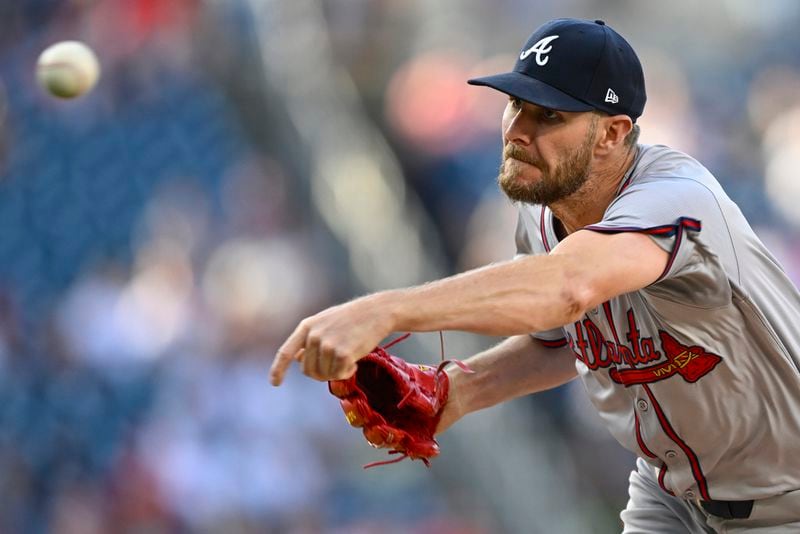 Atlanta Braves starting pitcher Chris Sale throws to a Washington Nationals batter during the first inning of a baseball game Friday, June 7, 2024, in Washington. (AP Photo/John McDonnell)