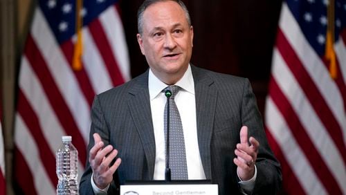 FILE - Second gentleman Doug Emhoff, the husband of Vice President Kamala Harris, attends a roundtable discussion in the White House Campus in Washington, Dec. 7, 2022. Emhoff has tested positive for COVID-19 after experiencing mild symptoms, his office announced Sunday, July 7. 2024, but his wife, Vice President Kamala Harris, has tested negative and remains asymptomatic. (AP Photo/Patrick Semansky, File)