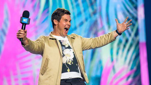 TORONTO, ON - SEPTEMBER 20:  Adam Devine speaks on stage during the 2018 WE Day Toronto Show at Scotiabank Arena on September 20, 2018 in Toronto, Canada.  (Photo by Dominik Magdziak/Getty Images)