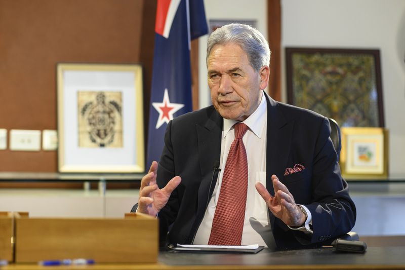 New Zealand Foreign Minister Winston Peters comments during an interview with The Associated Press in his parliamentary office in the capital, Wellington, Thursday, Aug. 22, 2024. (AP Photo/Mark Tantrum)