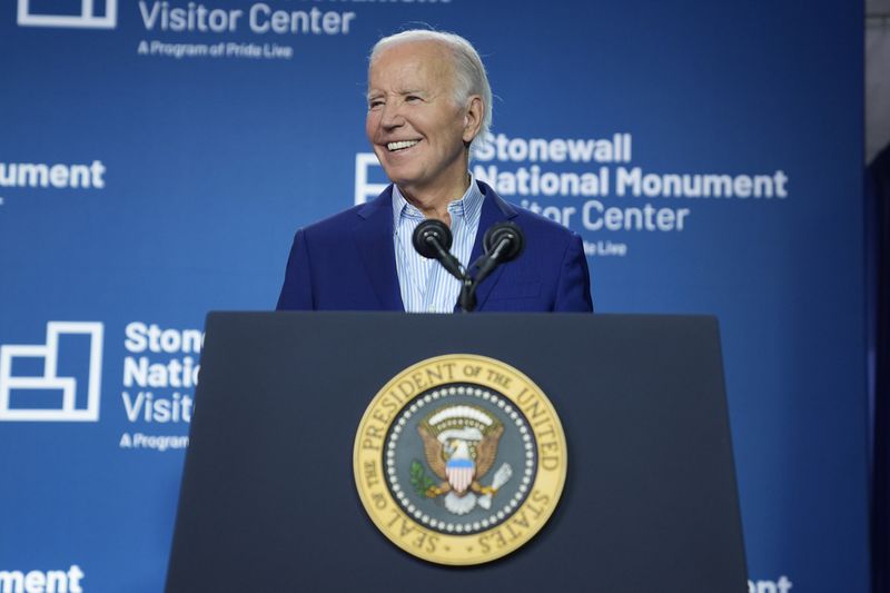 President Joe Biden speaks at the grand opening ceremony for the Stonewall National Monument Visitor Center, Friday, June 28, 2024, in New York. (AP Photo/Evan Vucci)