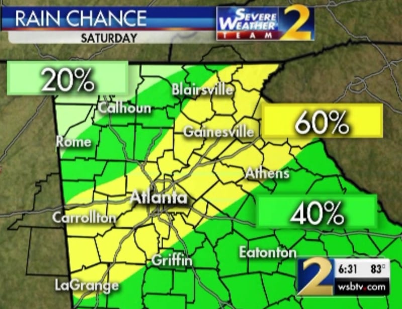 Rain chances for Saturday afternoon. (Credit: Channel 2 Action News)