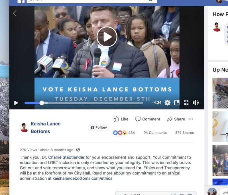 Charlie Stadtlander served as a senior adviser on Keisha Lance Bottoms’ mayoral campaign. After Bottoms won, Stadtlander said he became concerned about the legality of the way the new administration was hiring campaign staff into city jobs. He later went to federal authorities about the issue. A Bottoms spokesman called his allegations false. This Facebook post by Bottoms the day before her Dec. 5, 2017, runoff victory touts Stadtlander’s integrity and her commitment to ethics.