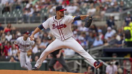 Atlanta Braves pitcher Charlie Morton throws in the first inning of a baseball game against the Kansas City Royals, Sunday, Sept. 29, 2024, in Atlanta. (AP Photo/Jason Allen)