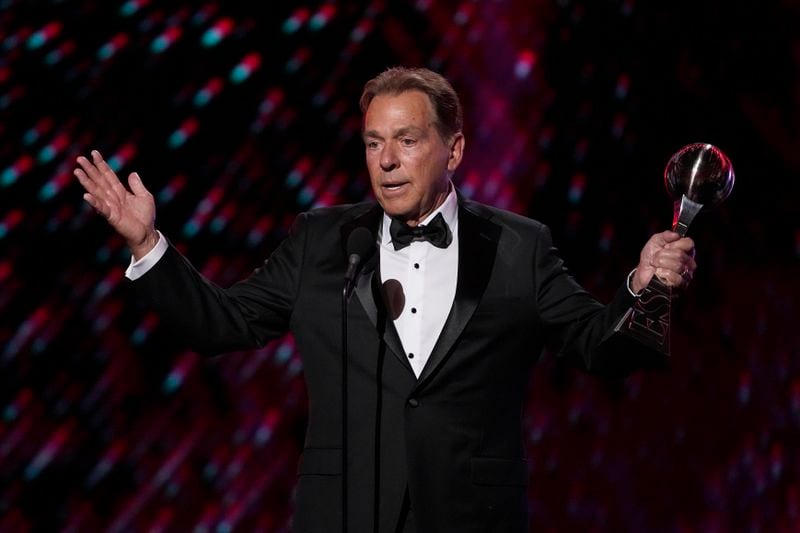 Nick Saban makes comments after recieving the Icon Award at the ESPY awards on Thursday, July 11, 2024, at the Dolby Theatre in Los Angeles. (AP Photo/Mark J. Terrill)