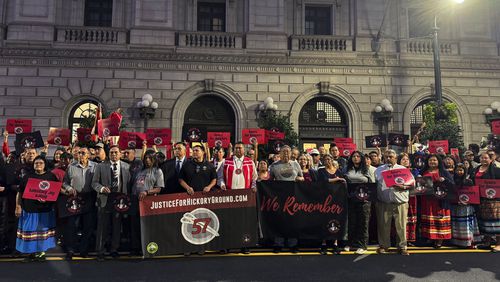 embers of the Muscogee Nation stand outside the 11th U.S. Circuit Court of Appeals in Atlanta on Wednesday, Sept. 25, 2024. (AP Photo/Charlotte Kramon)