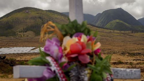 A cross adorned with leis is seen at a memorial for wildfire victims, Saturday, July 6, 2024, in Lahaina, Hawaii. Cleanup and rebuilding efforts continue after the 2023 wildfire that killed over 102 people and destroyed the historic town of Lahaina on the island of Maui. (AP Photo/Lindsey Wasson)