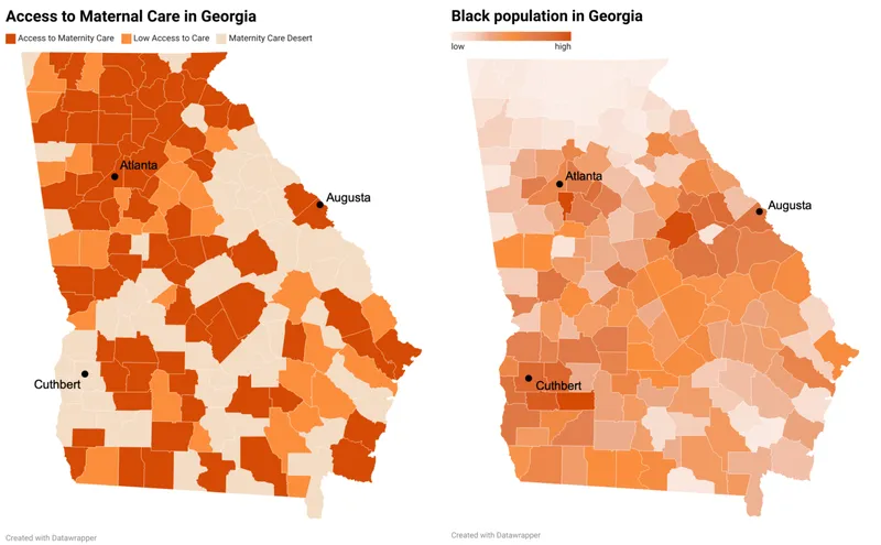 Georgia’s maternity care deserts are mostly congregated in the state’s Black Belt, the largely rural, southern counties with high concentrations of Black residents. Source: March of Dimes (left) and the U.S. Census Bureau (right)