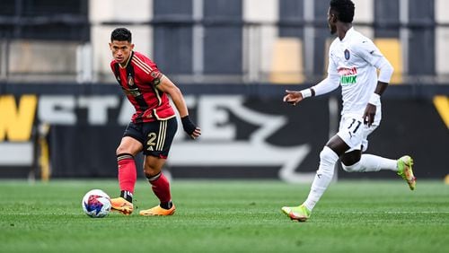 Atlanta United defender Ronald Hernandez #2 passes during the first half of the Open Cup match against Memphis 901 FC at Fifth Third Bank Stadium in Kennesaw, Ga. on Wednesday, April 26, 2023. (Photo by Mitchell Martin/Atlanta United)