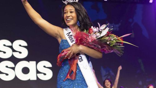 This photo provided by Miss America shows Alexis Smith who was crowned Miss Kansas on June 8, 2024, at the ceremony held in Pratt, Kan. Smith works overnight shifts as a cardiothoracic intensive care nurse in Wichita. (Miss America via AP)