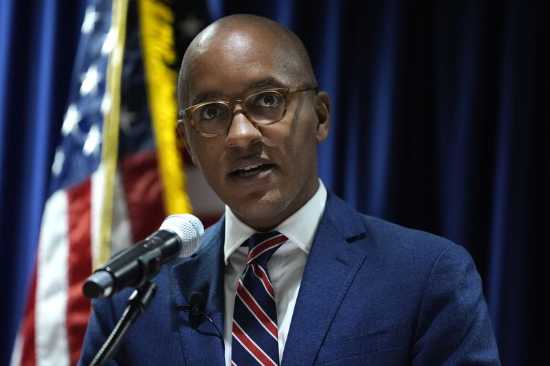 U.S. Attorney Damian Williams speaks about a drug trafficking case during a press conference at Federal Plaza in New York, Monday, Sept. 30, 2024. (AP Photo/Pamela Smith)