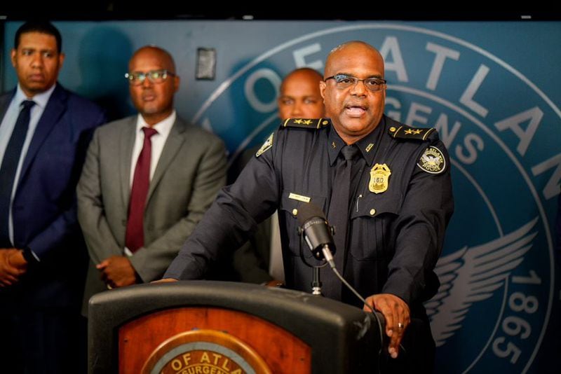 Deputy Chief Charles Hampton Jr. speaks to reporters Friday about two unsolved homicides in Atlanta. 
Ben Hendren- For the AJC